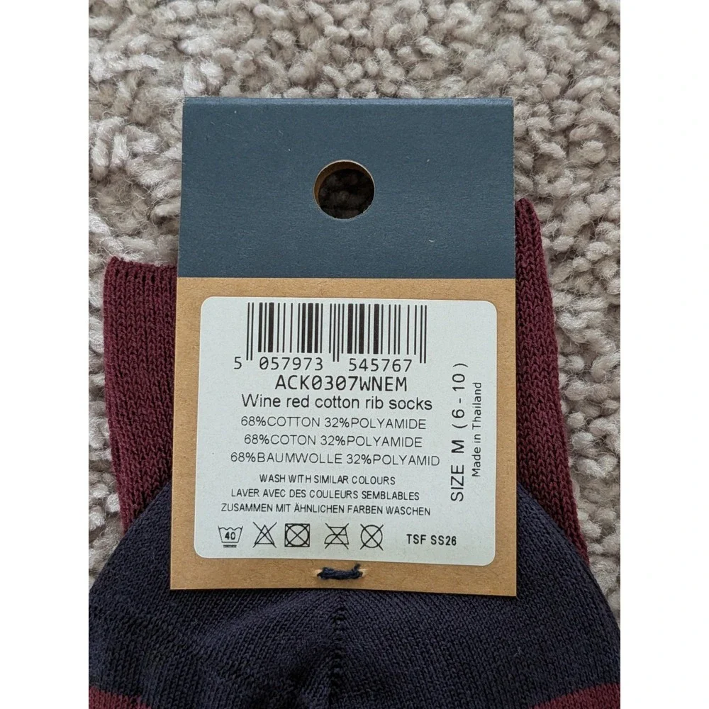 NWT Charles Tyrwhitt Socks Mens 6-10 Wine Red Cotton Rib Calf Length